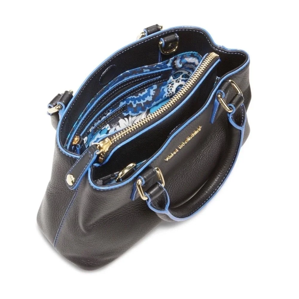 Vera Bradley Satchel Bag Womens Large Black Blue Excellent Leather‎ Crossbody
